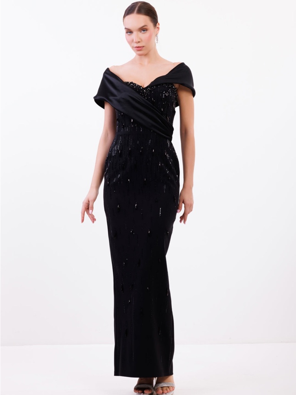 Odrella Elegant Black Off-Shoulder Sequin Evening Gown